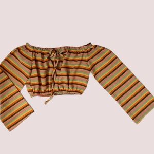 Showpo Top 4 Orange Retro Crop Shirt Striped Off the Shoulder Green Brown